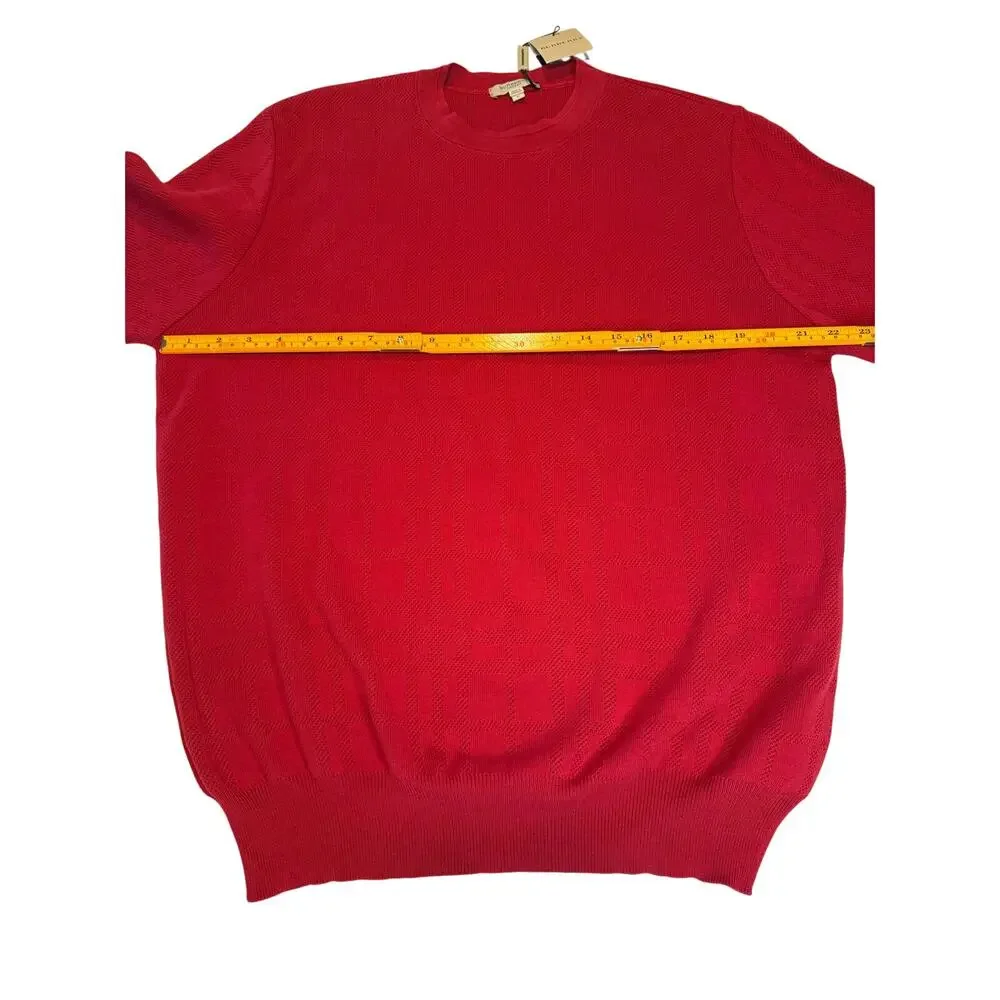 Burberry Brit Mens L Red Tonal Jacquard Check Crewneck Pullover Cotton Sweater